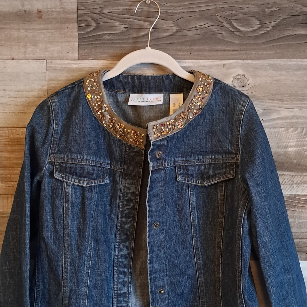 Liz Claiborne Blue Jean Jacket with Gold Sequin Collar